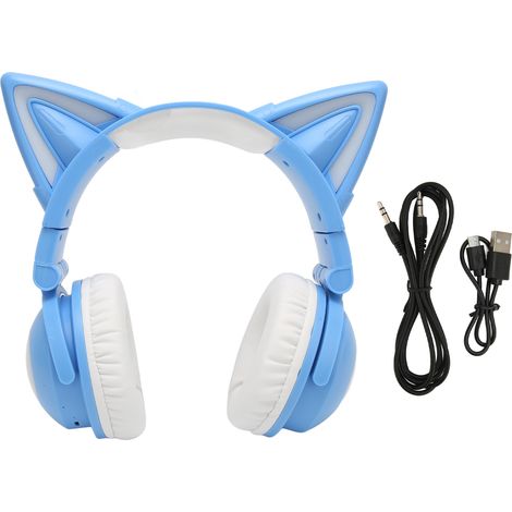 Écouteurs Bluetooth mignons à oreilles de chat avec microphone et lumières LED, compatibles Bluetooth 5.0, stéréo, bleus, adaptés aux filles et aux enfants. (1/5)