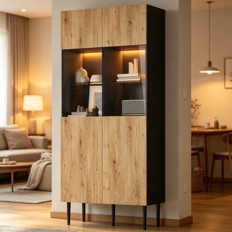 Vitrina 2 puertas de vidrio, 80x35x180 cm, 10 compartimentos, iluminación LED, en MDF y metal, negro y natural (1/5)