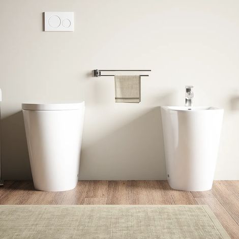 Coppia di Sanitari Filomuro in Ceramica Filomuro Vaso Rimless h 50 cm Sedile Soft-close e Bidet Mod. Roma Comfort (1/5)