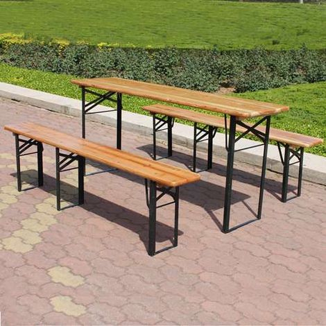 BIRCHTREE Outdoor Wooden Folding Beer Table Bench Set Trestle Garden Steel Leg 176cm (1/6)