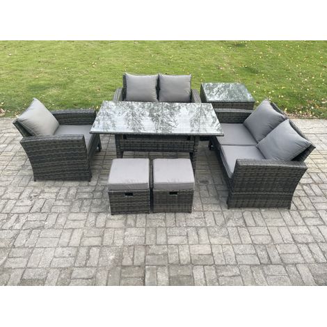 Fimous Wicker Rattan Garden Dining Set Outdoor Furniture Sofa with Dining Table Double Seat Sofa Side Table 2 Small Footstools Dark Grey Mixed (1/5)