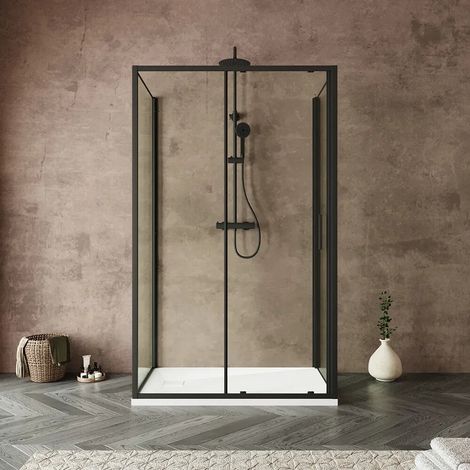 Box doccia tre lati 80x140x80cm con porta scorrevole profili nero opaco e vetro 6mm anticalcare trasparente h190 Portofino (1/4)