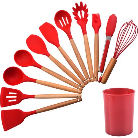 Ensemble de 12 ustensiles de cuisine, silicone, manches en bois, rouge, pour casserole, poêle (1/5)