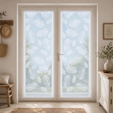 Paire de vitrages frangés en dentelle motif plumes Blanc 60x220 cm (1/2)