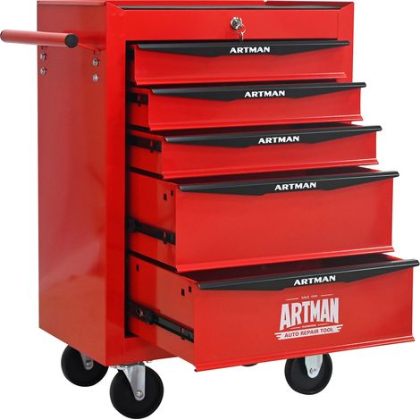Carrello portautensili in metallo con 5 cassetti e ruote, acciaio rosso e nero, HOMVRA (1/5)