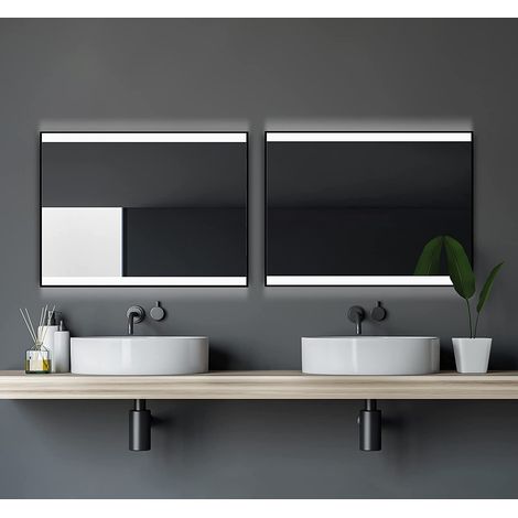 Talos Black Shine Badspiegel 80 x 60 cm - Badezimmerspiegel mit LED Beleuchtung in neutralweiß - matt schwarz - AN-AUS Taster am Rahmen