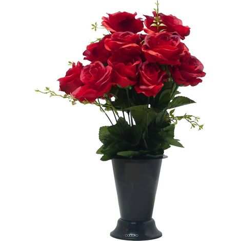 Pot Cône de Roses fleurs artificielles pour le cimetière H 43 cm D 27cm Rouge - couleur: Rouge