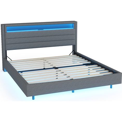 Letto contenitore imbottito 140x200 cm grigio con USB e LED, testiera reversibile (1/5)
