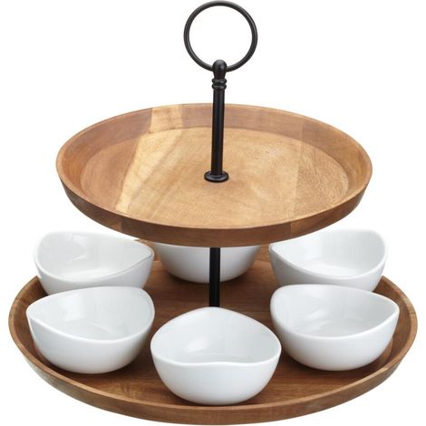 Artesà Expositor de 2 Pisos para Tapas y Comida, Expositor de Alimentos con 6 Mini Cuencos de Porcelana, Soporte para Tartas de Madera Acabado a Mano en Caja de Regalo, 24 x 25 cm, Marrón y Negro