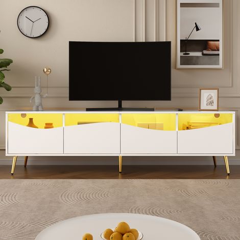 Meuble TV moderne180x40x50 cm - 4 tiroirs - Avec éclairage LED - Pieds métal - Façade verre - Blanc