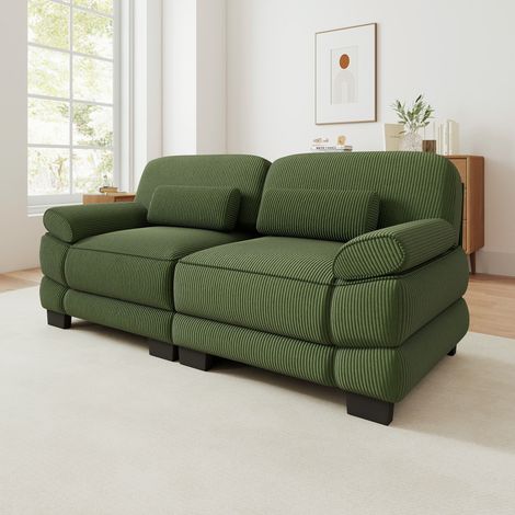 Canapé droit modulable 194 cm 2 places, design carré épuré, base et accoudoirs à matelassage en canaux, coussin lombaire, velours côtelé, vert (1/5)