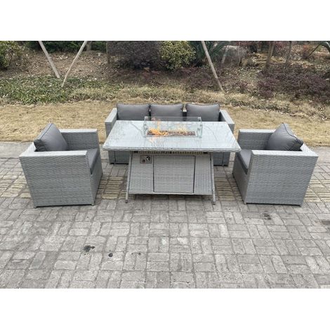 Fimous Light Grey Rattan Gas Fire Pit Garden Furniture Dining Table Set Heater Burner Chairs Lounge Sofa Set Arm Chairs (1/5)