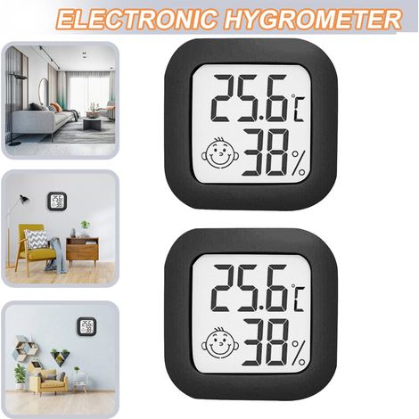 Lot de 2 mini thermomètres hygromètres numériques LCD noir, capteur température et humidité intérieure, affichage digital précis pour bureau, maison, chambre bébé (1/5)