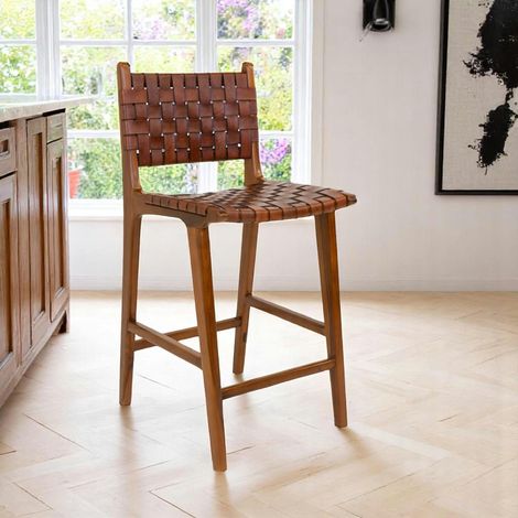 Chaise de bar en bois de teck et cuir marron MENDOZA (1/5)