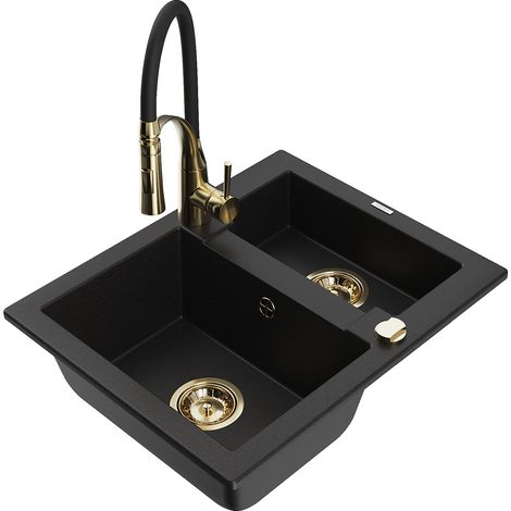 Mexen Carlos 1-Becken-Granit-Spüle mit Mischbatterie Aster, Schwarz - 6518-77-73450-57-G (1/5)
