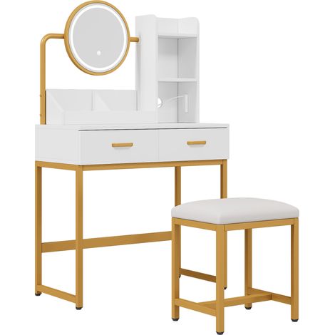 Coiffeuse avec Miroir LED et Tabouret, Table de Maquillage Blanche et Or, Prises USB, 80x138.5x40 cm (1/5)