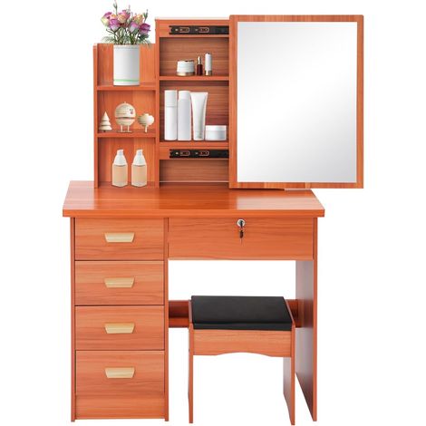 Coiffeuse avec miroir et tabouret, Coiffeuse autoportante, 5 tiroirs, 3 compartiments ouverts, 3 compartiments fermés à clé. Meuble-lavabo moderne, Charge de table/tabouret : 100/120 kg