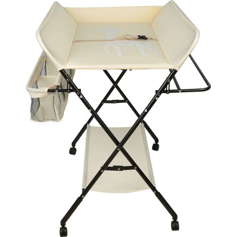 Table à langer pliante, table à langer avec panier de rangement, ceinture de sécurité et 4 roues avec frein, réglable en hauteur 806698cm (couleur crème) (1/5)