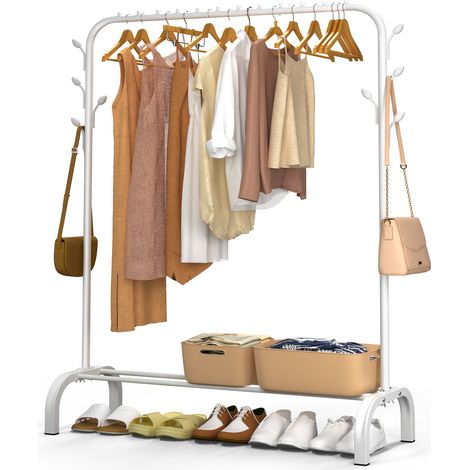 VOUNOT Clothes Rack with Shoe Shelf & 8 Hooks Metal Wardrobe 110x41x150cm, White (1/5)