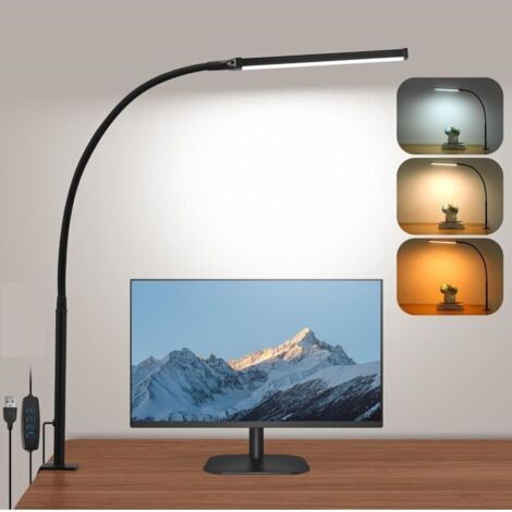 LED-Schreibtischlampe, 3 Farbmodi, 10 Helligkeitsstufen, mit Klemme, 360° verstellbarer, flexibler Schwanenhals, Leselampe (Schwarz) [Energieklasse F]