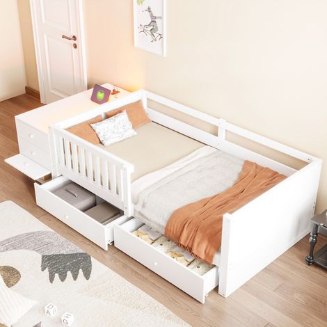 Lit banquette enfant mi-hauteur 90x200cm - rangement séparé bureau led prise - boismdf - blanc (1/5)