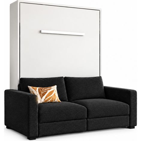 Lit escamotable vertical KIMBER avec canapé tissu intégré – Le salon le jour, un vrai lit la nuit Blanc Noir-150x190-Cadre Blanc-Façade Blanche-Canapé Noir (1/5)