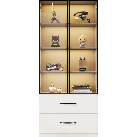 ELVMI Vitrine mit 2 Glastüren, 2 Schubladen und Multicolor LED für Wohnzimmer aus Spanplatte 60×40×160 cm Weiß (1/5)