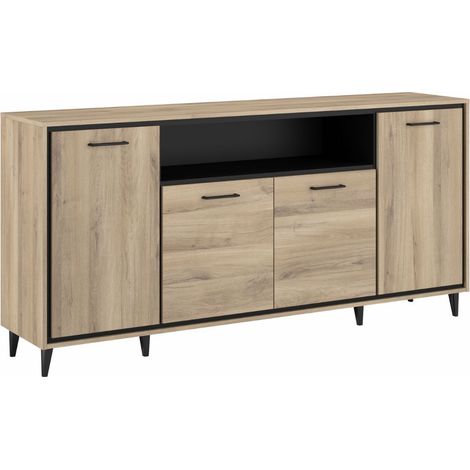 Buffet 4 portes 1 niche éclairée aspect chêne avec poignées, pieds et encadrement noir - OSTAREL (1/5)