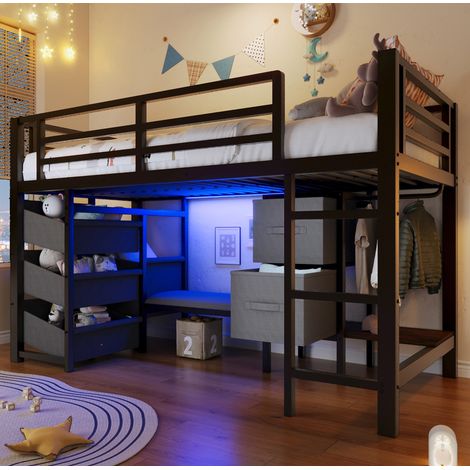 lit adulte rangement 90cm 200cm métal noir LED avec coussin HAVRYA (1/5)