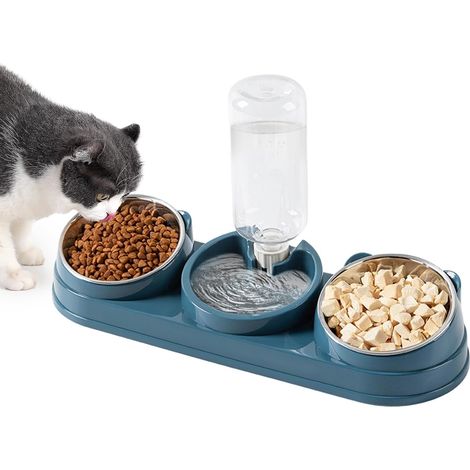 Ensemble de gamelles 3 en 1 pour chat (eau et nourriture), inclinaison à 15°, conception anti-vomissement, acier inoxydable, gamelle pour aliments secs et humides, anti-déversement et réglable, gamell (1/5)