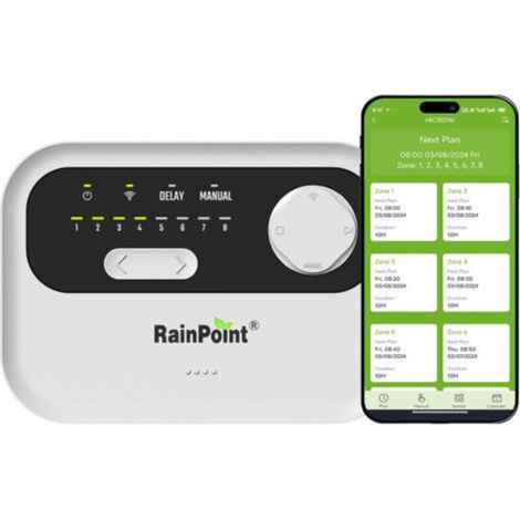 Controlador de riego inteligente RAINPOINT de 8 zonas: sistema de riego por aspersión WiFi basado en el clima local, fácil de instalar y controlado mediante aplicación. (1/5)