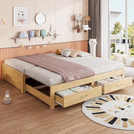 Lit gigogne 90/180x190 cm, extensible, canapé-lit avec 2 tiroirs de rangement, sans accoudoirs ni dossier, style scandinave, naturel (1/5)