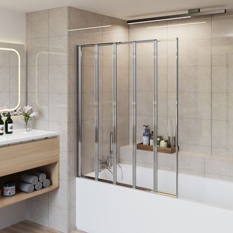 Aquariss 1400x1200mm Bathroom 5 Folding Panel Bath Shower Screen 4mm Self Clear Glass Pivot Door Reversible Chrome (1/5)