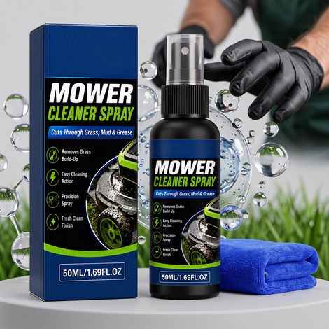 Das Rasenmäher-Reinigungsspray entfernt trockene Grasschnittreste und Schmutz von Gehäuse und Chassis des Mähers und beseitigt Schlamm und Erdklumpen – 50 ml + 1 Tuch -- BIEMMEDUE (1/5)