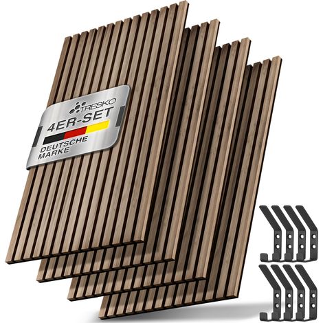 TRESKO® 4 Stück Akustikpaneele Holz 120×60 cm inkl. 8x Kleiderhaken Wandverkleidung Eiche Natur als 3D Lamellenwand Holzpaneele Paneele für Schallschutz Akustik Wandpaneele mit Montageset