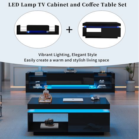 Conjunto de mueble TV y mesa de centro negro brillante con LED USB (1/5)