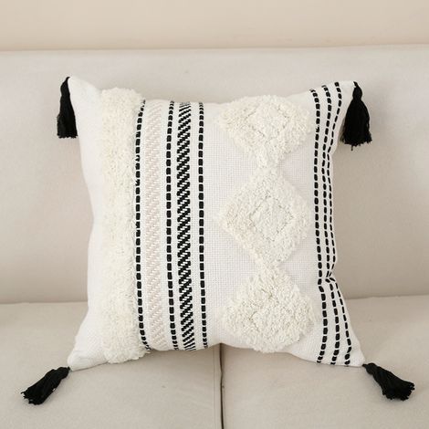 Housse de Coussin Bohème Touffetée 45x45cm, Style Neutre avec Pompon pour Lit de Repos et Canapé