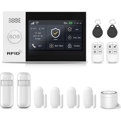 Écran Tactile 4,3" Alarme Maison sans Fil, GSM/WiFi Système d'Alarme, 12 Pack: 120DB Sirène, 4 Capteurs de Fenêtre et de Porte, 2 Détecteur de Mouvement (1/5)