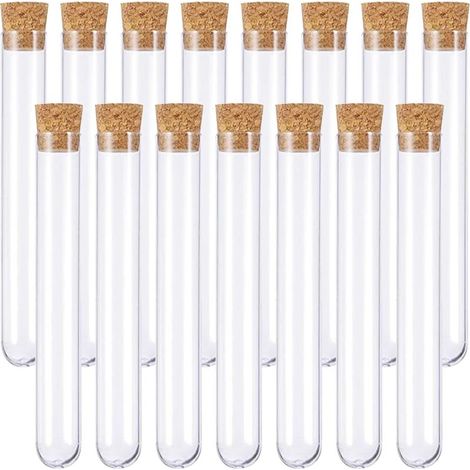 15 Pièces Tube a Essai Plastique,Tube Plastique Transparent,Eprouvette Plastique,Fiole Plastique,Tubes à Essais de Laboratoire,avec Bouchon Liège,pour Plante,Bonbons,Epice,Echantillon,18105mm (1/5)