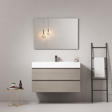 Mobile bagno sospeso 100 cm Beige Lavabo in Resina Specchio Quadro - Fiji Wood