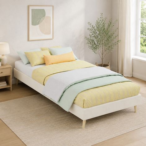 Bettgestell 90 x 200 cm, beige, Dutch Velvet Fabric, niedrige Plattform HAVRYA (1/5)