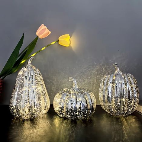 3 calabazas decorativas de otoño, elegantes luces de calabaza de cristal para decoración de Halloween, centro de mesa LED, color plateado