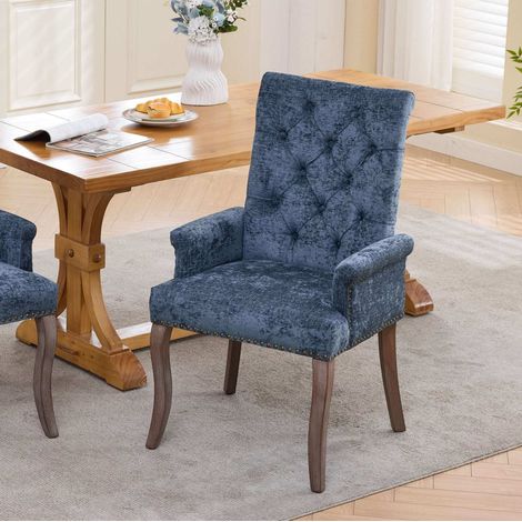 Silla de comedor de chenilla, respaldo acolchado, patas de madera, 1 plaza, azul (1/5)