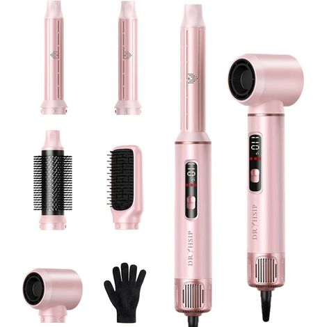 Brosse Soufflante 5 en 1 Avec écran Numérique, Sèche Cheveux Brosse, Brosse Coiffante Ionique, Boucleur Automatique et Iisseur, Pour Volume, Boucles et lissage (Rose) (1/2)