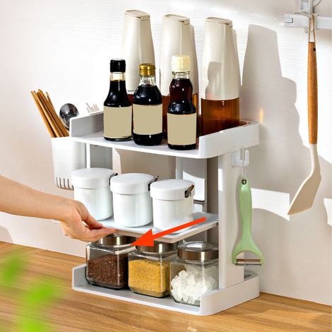 Étagère à épices à 3 niveaux avec tiroir, multifonctionnelle, réglable en hauteur, pour la cuisine et la salle de bain. (1/5)