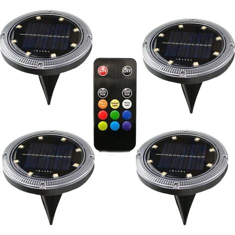 Kit 4 Faretti Solari LED RGBWW da Giardino IP65 con Telecomando – 11 Modalità, 8 LED, Ricarica Solare, Luce Calda, Naturale, Fredda e Colori RGB