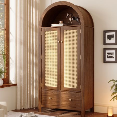 Armadio per camera da letto, guardaroba contenitore con ante in rattan, stile boho chic in MDF 181 x 78 x 45 cm con 2 ante e 2 cassetti, Noce (1/5)