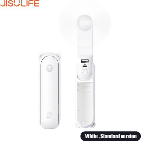 Mini ventilateur portable JISULIFE avec batterie externe intégrée, double usage, 129 g, pliable, chargement USB-C, batterie 4800 mAh, silencieux et doté d'une fonction lampe torche. (1/5)