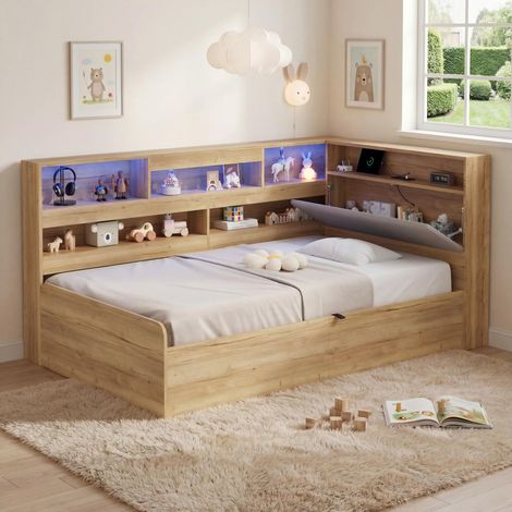 Lit coffre hydraulique enfant 90x200 cm en bois naturel avec LED, station USB et rangement intégré, lit simple pratique pour chambre moderne (1/5)
