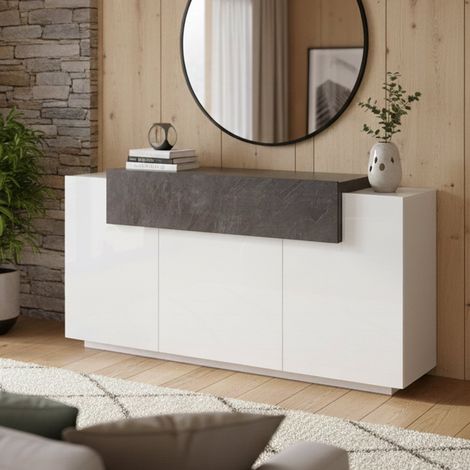 Dmora - Aparador Dmem, Aparador de cocina con 3 puertas, Buffet de salón, 100% Made in Italy, cm 160x45h86, Blanco Brillo y Pizarra (1/4)